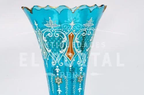 Florero de cristal azul pintado a mano con base de bronce | 7