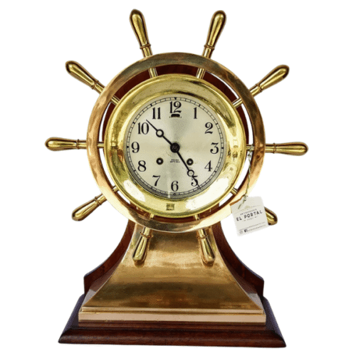 Reloj de mesa náutico Chelsea Ships Bell en bronce con base de madera