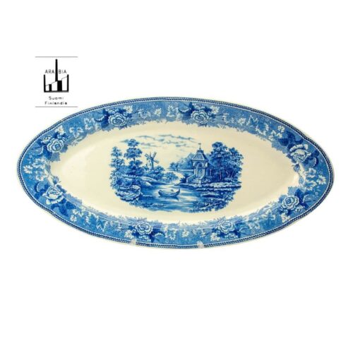 Gran plato oval blanco azul con motivo de paisaje | 1