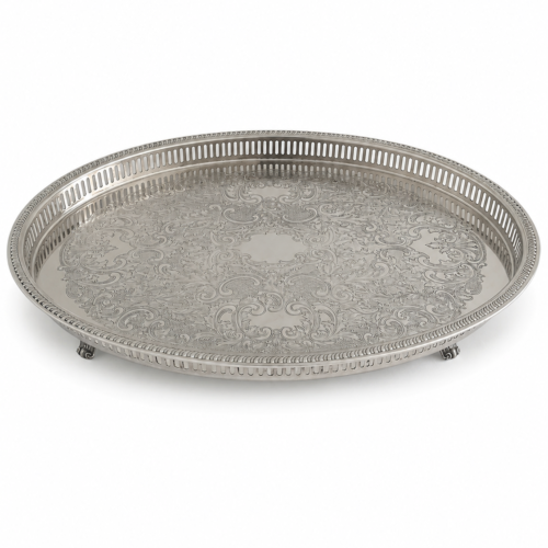 Bandeja ovalada antigua de plaqué con diseño floral grabado – 47 cm