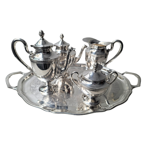 Juego de té y café en metal plateado con azafate – 5 piezas